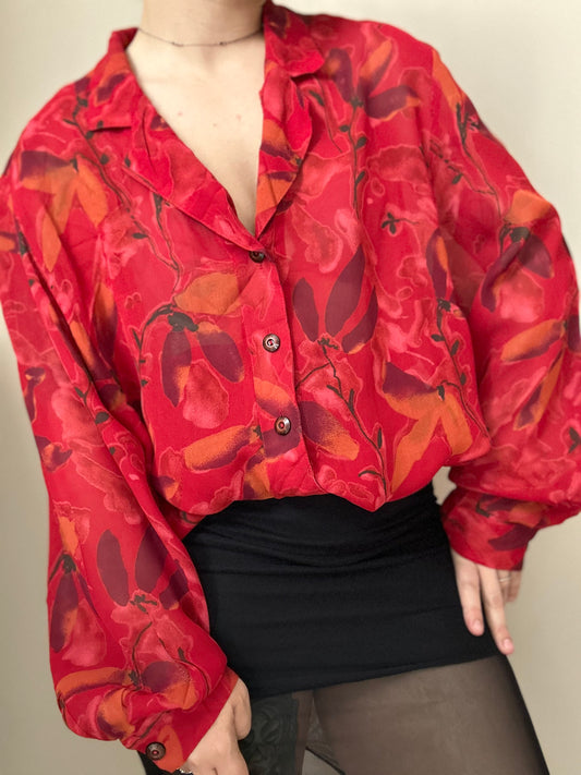 Camisa vintage roja floral transparente