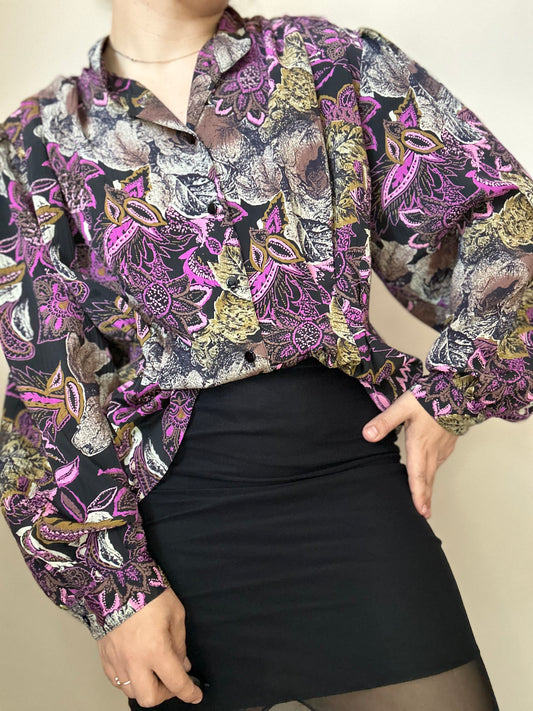 Camisa vintage con estampado floral morado años 80