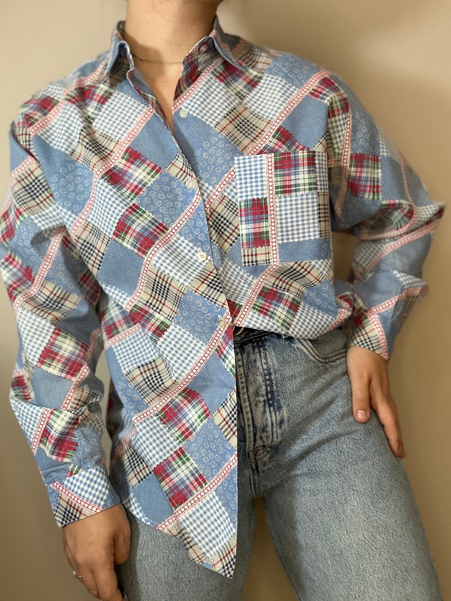 Camisa vintage estampado patchwork y cuadros principios de los 90