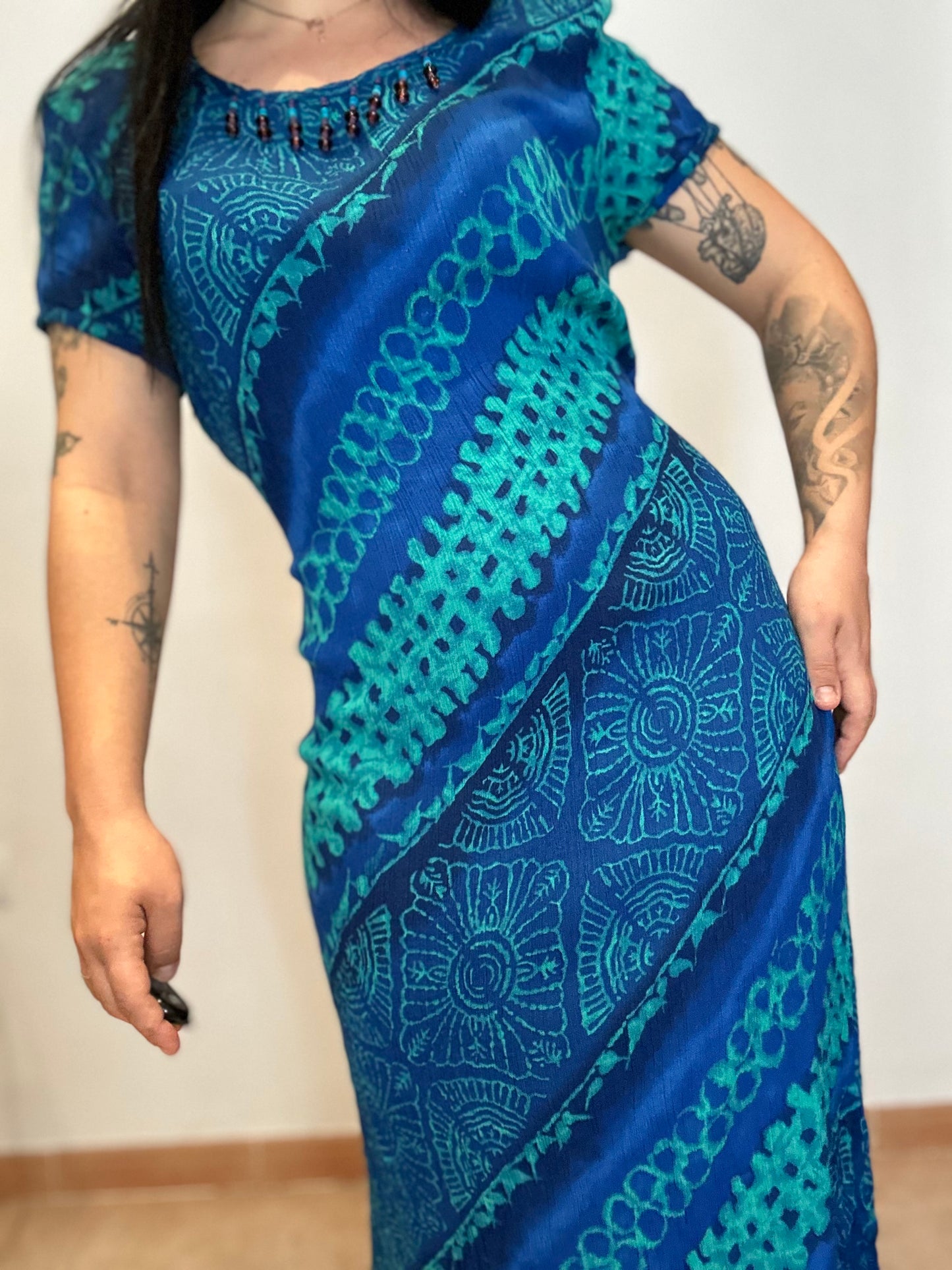 Vestido vintage largo estamapado azul